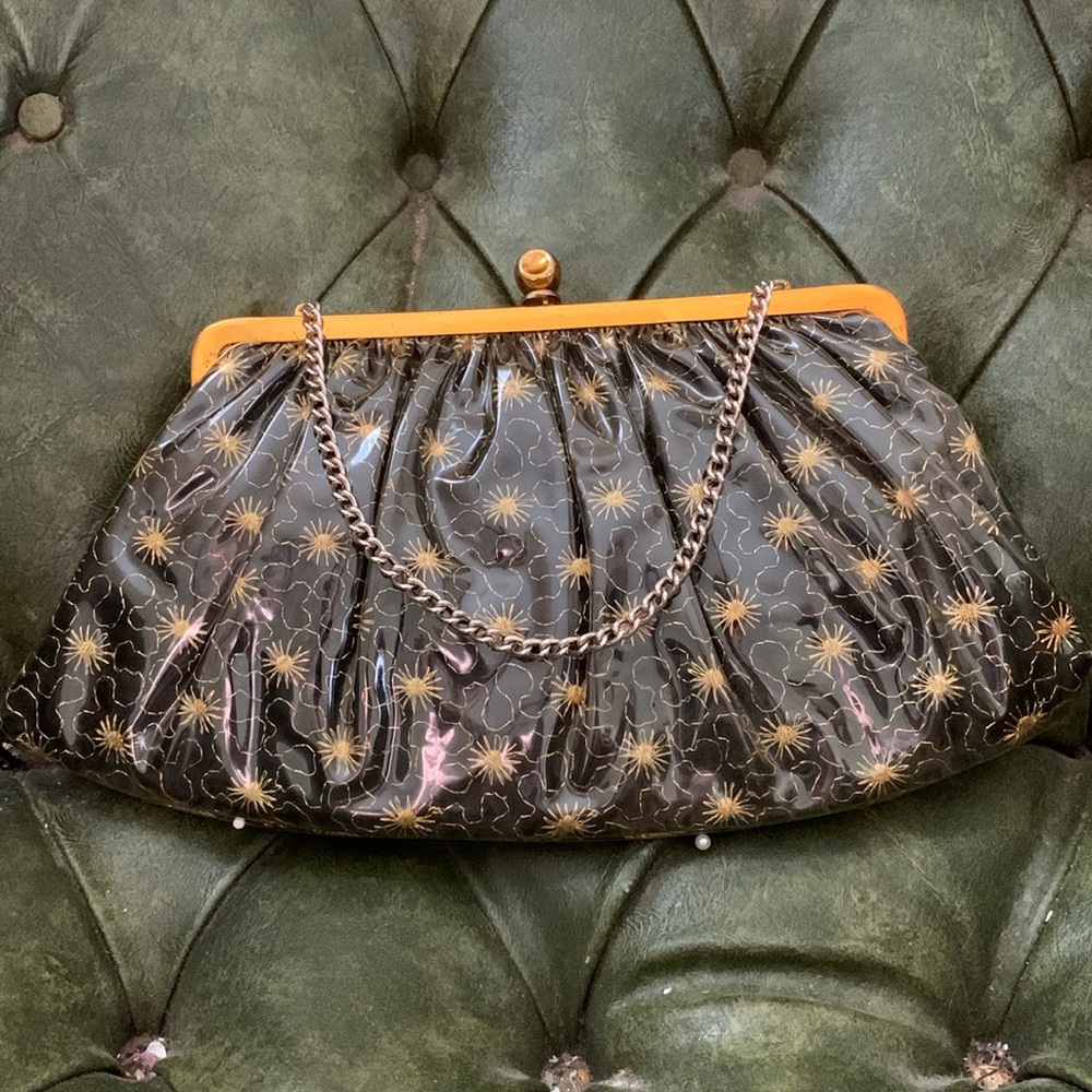Vintage Florida Handbags of Miami Gold Starburst Vinyl Covered Clutch Purse
